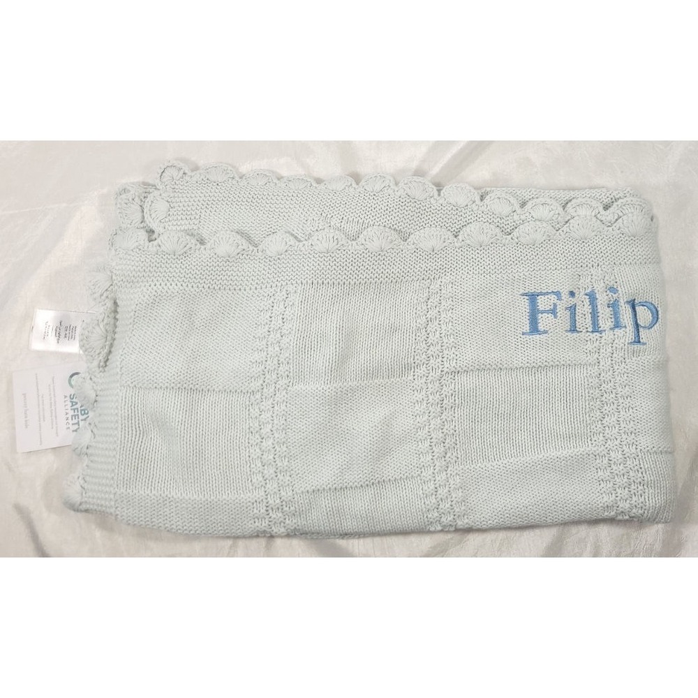 Pottery Barn Patchwork Organic Cotton Knit Baby Blanket - Filip - Chambray Blue